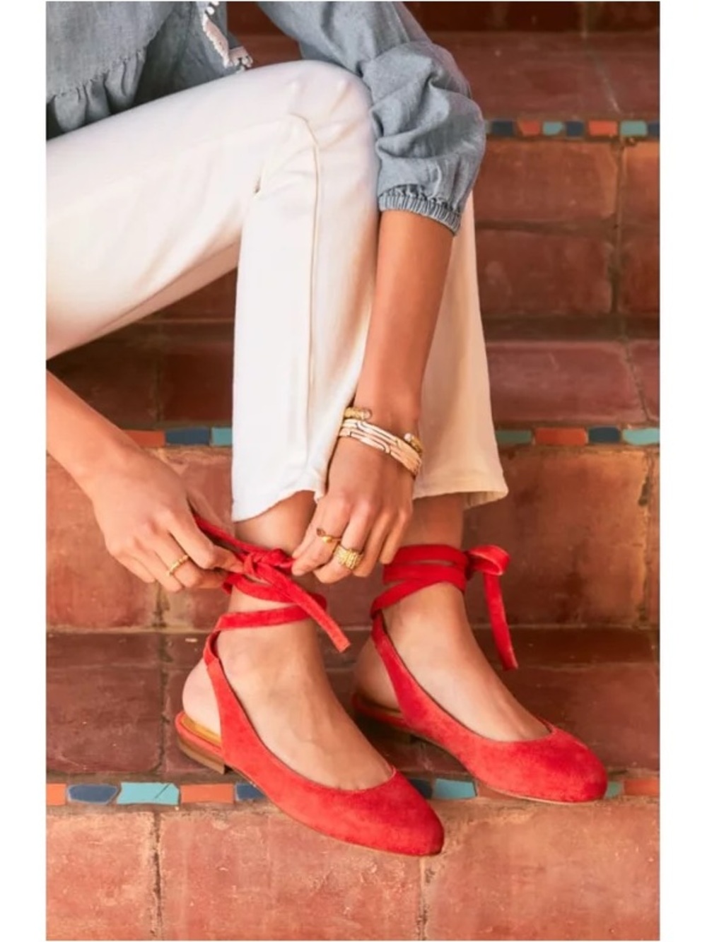 Sézane Nina Ballet Espadrilles Flats Red Ankle-Tie Suede *htf* 39/8